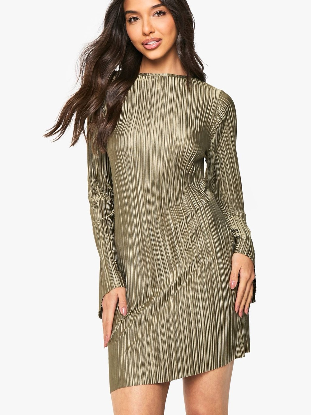 Boohoo Plisse Flare Sleeve Column Dress Champagne Size 14 NWT